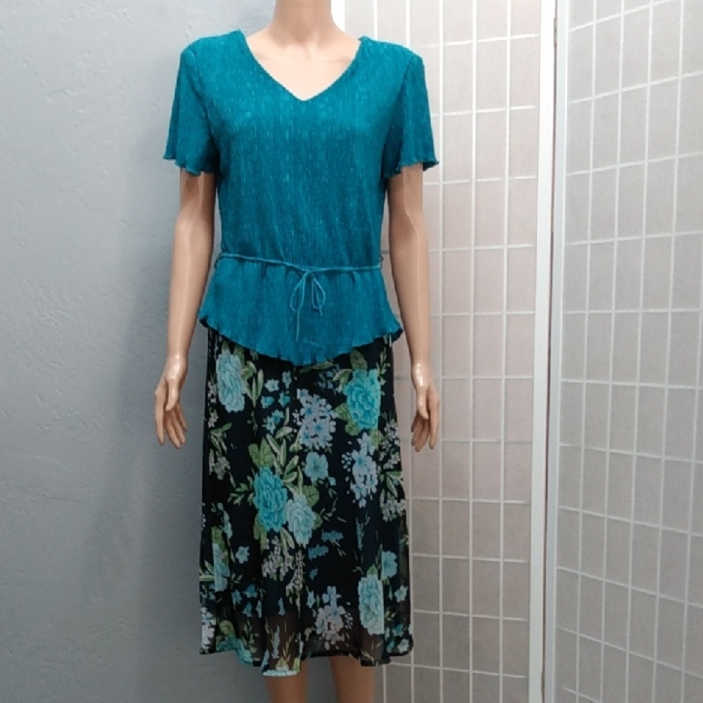 Connected Apparel Aqua Floral Dress WMNS 12 - Detached Tie Belt -Lined